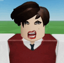 a roblox character with short brown hair and red lips is wearing a red vest and tie .