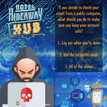 a poster for the hotel hideaway hub shows a man in a hood using a laptop