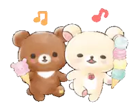 two teddy bears are holding ice cream cones with music notes above them