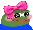 a green frog with a pink bow on its head and a blue shirt .