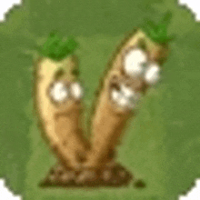 two carrots with faces on them are growing out of the ground in a cartoon .