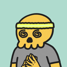 a cartoon drawing of a skull wearing a headband with a spiral on it