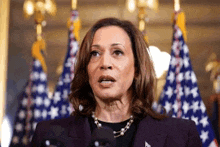 a woman is standing in front of a microphone in front of a row of american flags .