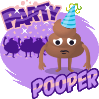 a cartoon drawing of a poop wearing a party hat with the words party pooper below it