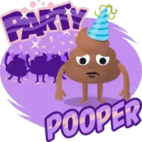 a cartoon drawing of a poop wearing a party hat with the words party pooper below it