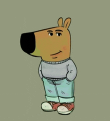 a cartoon bear wearing a grey sweater and jeans