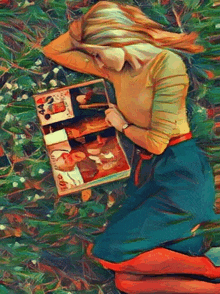 a painting of a woman reading a magazine with the word vogue on the cover