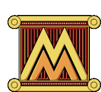 the letter m is in a square with a red and gold frame