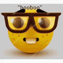 a cartoon smiley face wearing glasses with the word " booboo " written below it