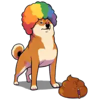 a cartoon dog with a rainbow afro and a pile of poop