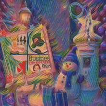 a colorful painting of a snowman and a book titled business confidential now