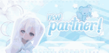 a doll with white hair and blue eyes is sitting on a blue background with the words `` new partner '' written on it .