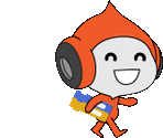 a cartoon character wearing headphones and carrying a book is smiling .