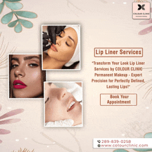 an advertisement for lip liner services at the colour clinic