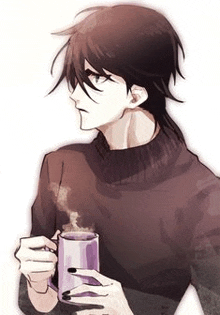 a man in a sweater is holding a cup of hot tea .