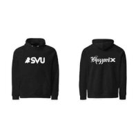 the front and back of a black hoodie with a white logo on it .