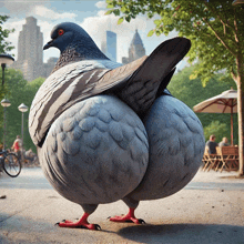 a pigeon with a huge butt is standing on a sidewalk in a park