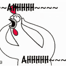 a drawing of a chicken with its mouth open and the words `` ahhhh '' written on it .