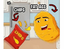 a cartoon of a bag of chips being thrown out of a fridge