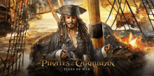 a poster for pirates of the caribbean shows a man holding a gun