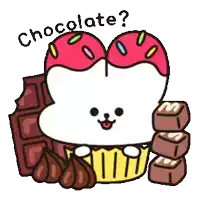 a cartoon drawing of a bunny holding a cupcake and a bar of chocolate with the words chocolate below it