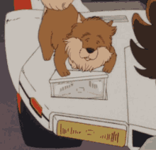 a cartoon drawing of a dog on the back of a white car