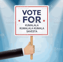 a hand is holding a vote for sign on a wooden stick .