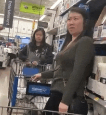 a woman is standing in a shopping cart in a store .