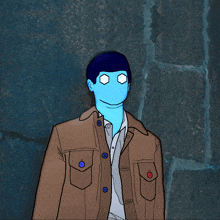 a drawing of a man with a blue face and buttons on his jacket