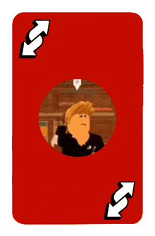 a red playing card with a picture of a man and arrows pointing up and down