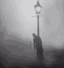 a man in a top hat and coat is standing next to a street light in the fog