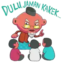 a cartoon of a man talking to a group of children and the words dulu jaman kakek