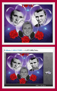 a picture of billy fury surrounded by red roses and hearts