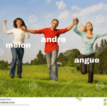 a group of people holding hands in a field with the words melon andre and angue written on the bottom