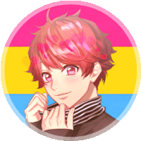 a boy with red hair and pink eyes is in a circle with a pansexual flag behind him