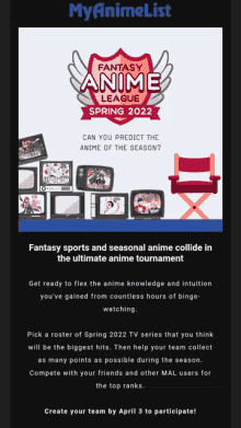 an advertisement for fantasy anime league spring 2022 with a director 's chair