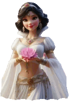 a cartoon character in a white dress holding a pink flower