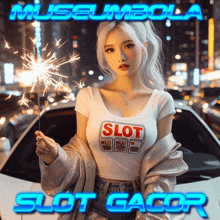 a woman holding a sparkler in front of a car that says slot gacor on it