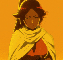 a close up of a cartoon character with a yellow cape around her neck