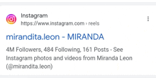 a screenshot of instagram showing the number of followers of miranda leon