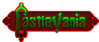 a red and green logo for castlevania with a green arrow