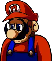 a cartoon drawing of mario wearing overalls and a red hat with a letter m on it