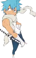 a cartoon character with blue hair and a scarf around his neck holds a sword