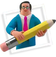 a cartoon man is holding a large yellow pencil