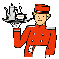 a cartoon of a waiter holding a tray with a cup of coffee and a teapot on it