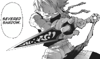 a black and white drawing of a person holding a sword with the words severed shadow behind them