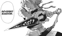 a black and white drawing of a person holding a sword with the words severed shadow behind them