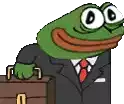 the frog is wearing a suit and tie and holding a briefcase .