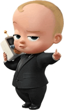 a baby in a suit and tie is holding a cell phone and giving a thumbs up