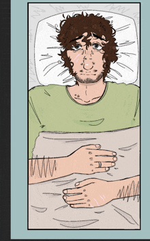 a cartoon drawing of a man laying in bed with his hands on his chest